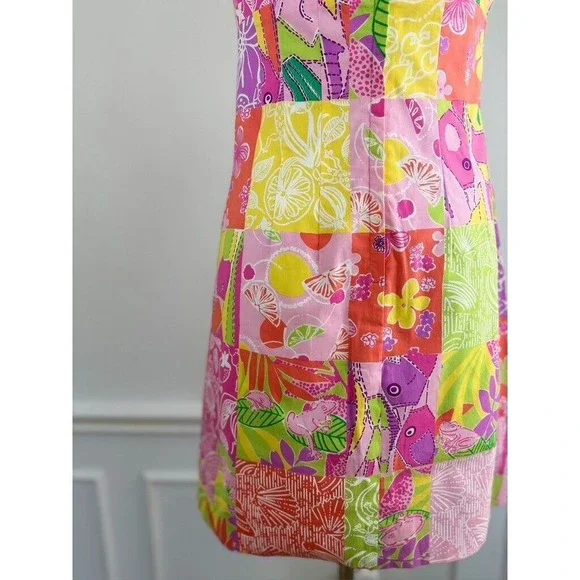 Lilly Pulitzer VTG 90s Dress 4 Fish Turtle Lemon Patchwork Sundress Babydoll - Picture 6 of 10
